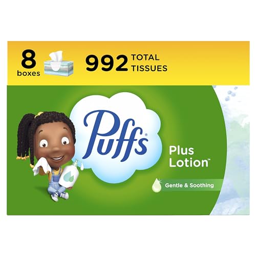 Puffs Plus Lotion Facial Tissues, 8 Family Boxes, 124 Facial Tissues per Box (Packaging May Vary)