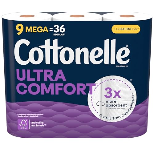 Cottonelle Ultra Comfortable Toilet Paper, Heavy Duty Toilet Paper, 9 Mega Rolls (9 Mega Rolls = 36 Regular Rolls), 244 Sheets Per Roll, Packaging May Vary