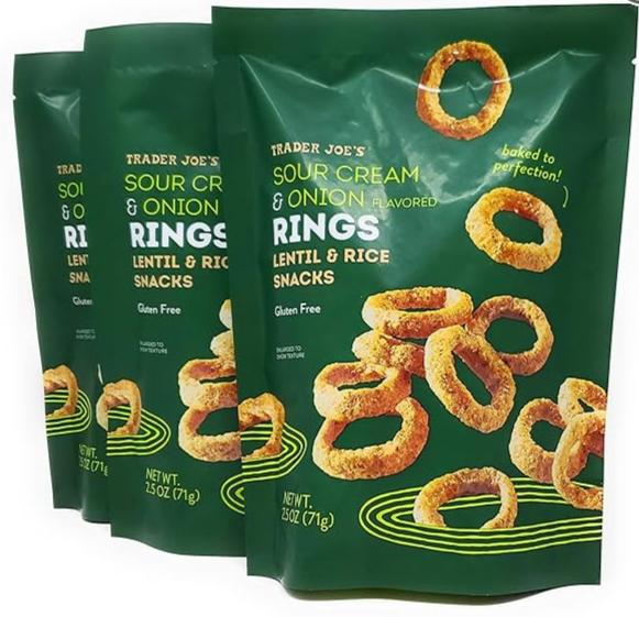Trader Joe’s Sour Cream & Onion Flavored Rings, Lentil & Rice Snacks, Gluten Free Net Wt. 2.5 Oz (71g) - Pack of 3