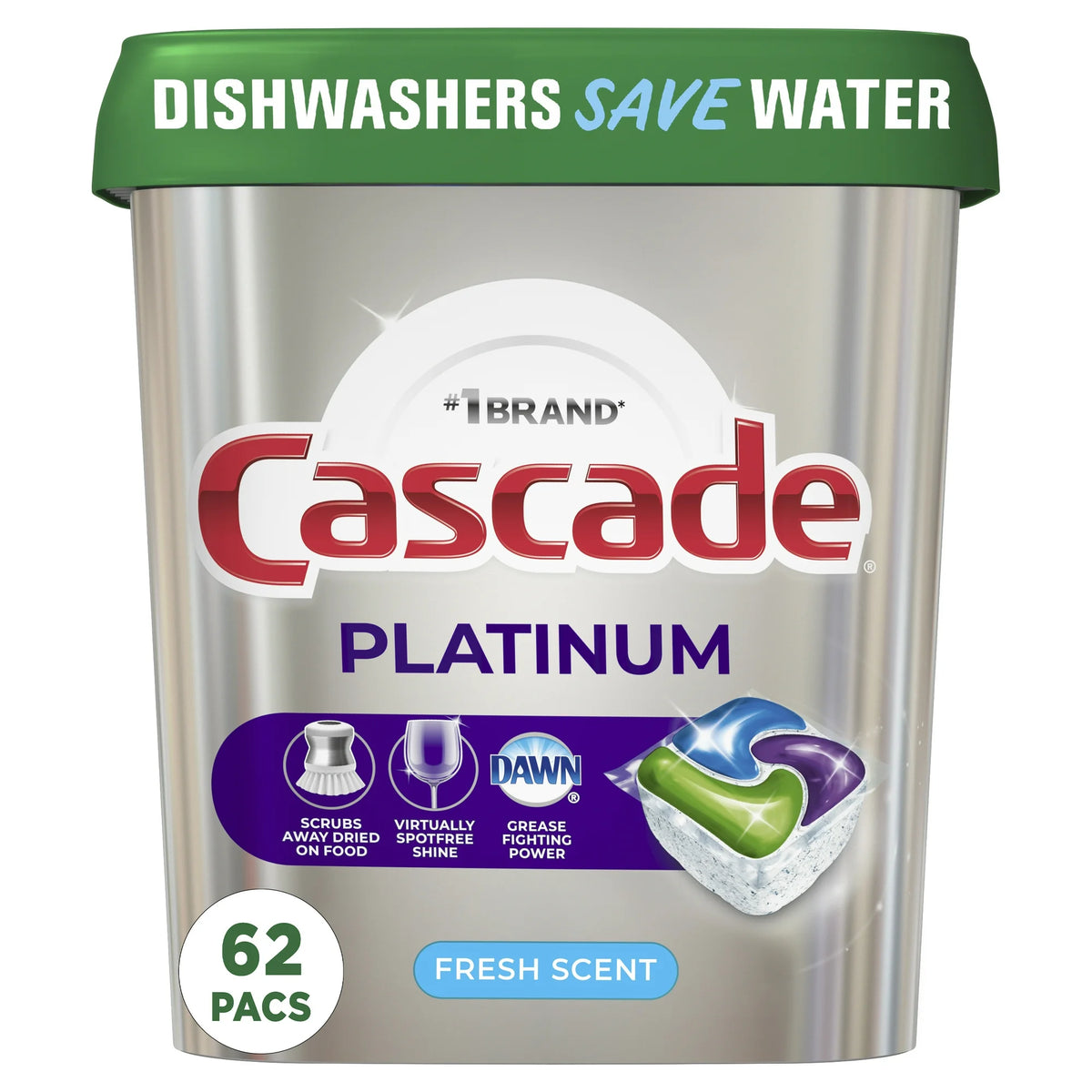 Cascade Platinum Dishwasher Pods, Dishwasher Detergent, Actionpacs, Fresh, 62 CT