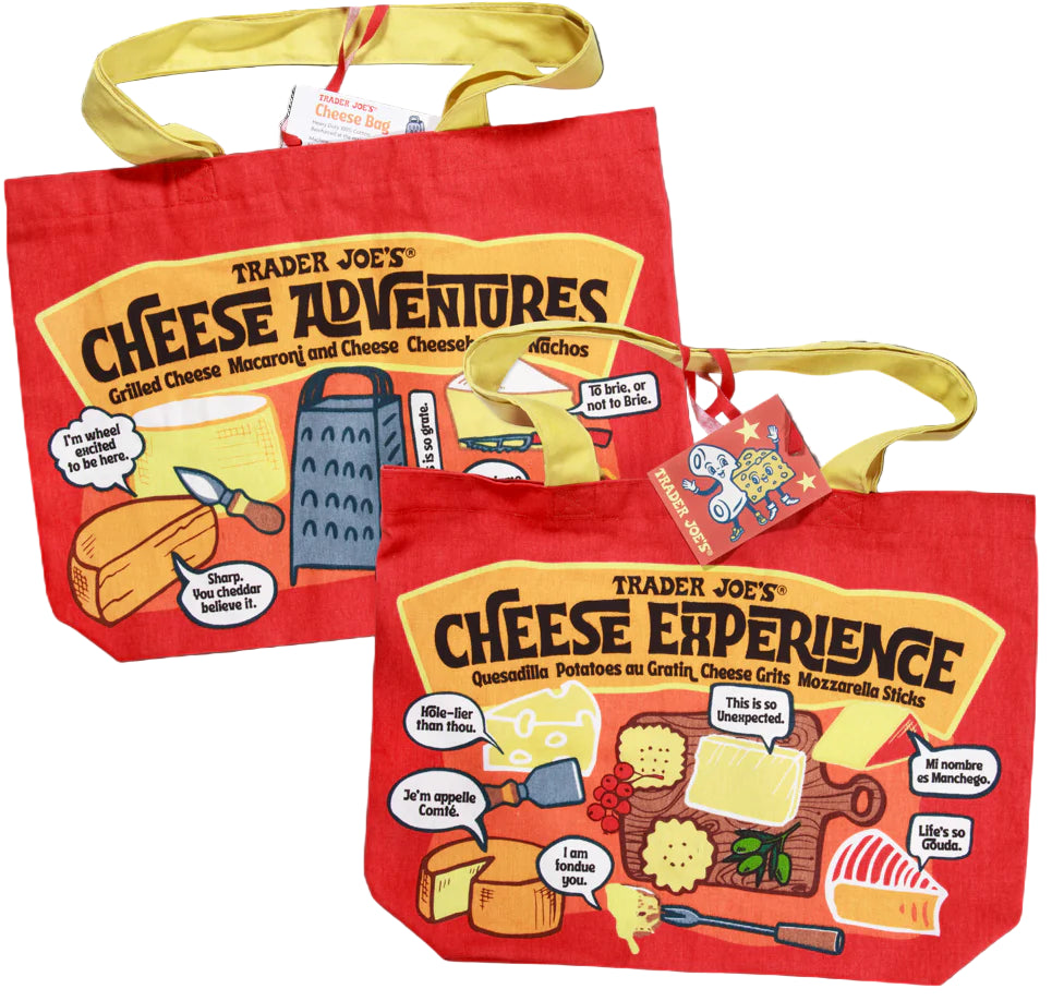 Trader Joe’s Reusable Tote Bags 2 bags – “Cheese Adventures” & “Cheese Experience”